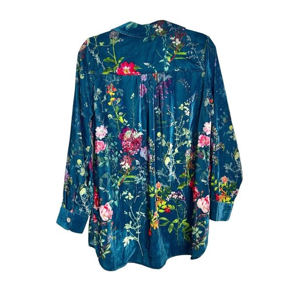 Soft Surroundings Velvet Floral Blouse Top Womens Medium Blue Button Down Shirt - Picture 6 of 15